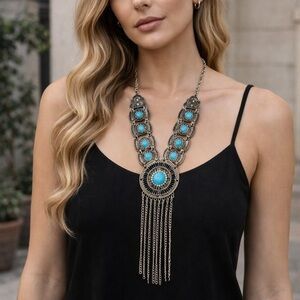 NEW! Gunmetal Gray /Silver Bold Turquoise Boho Tribal Fringe Statement Necklace